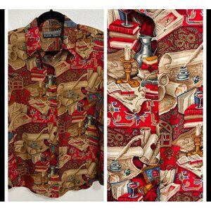 Vintage 90s Ellen Tracy 100% Novelty Print Blouse Top Size 12 Books Scholar Art